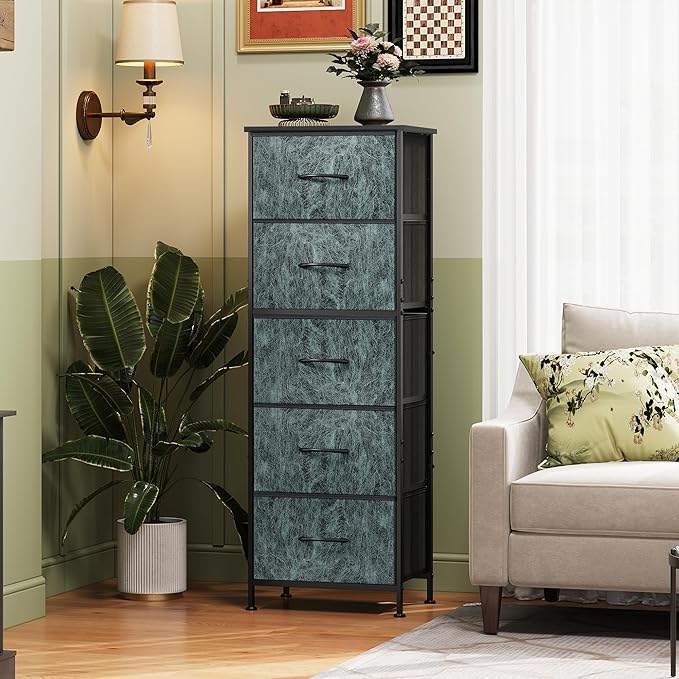 WLIVE Fabric Dresser, 5-Drawer Tall Dressers for Bedroom, Storage Dresser Organizer with Fabric Bins, Wood Top, Sturdy Steel Frame, Chest of Drawers for Closet, Hallway, Vintage Green