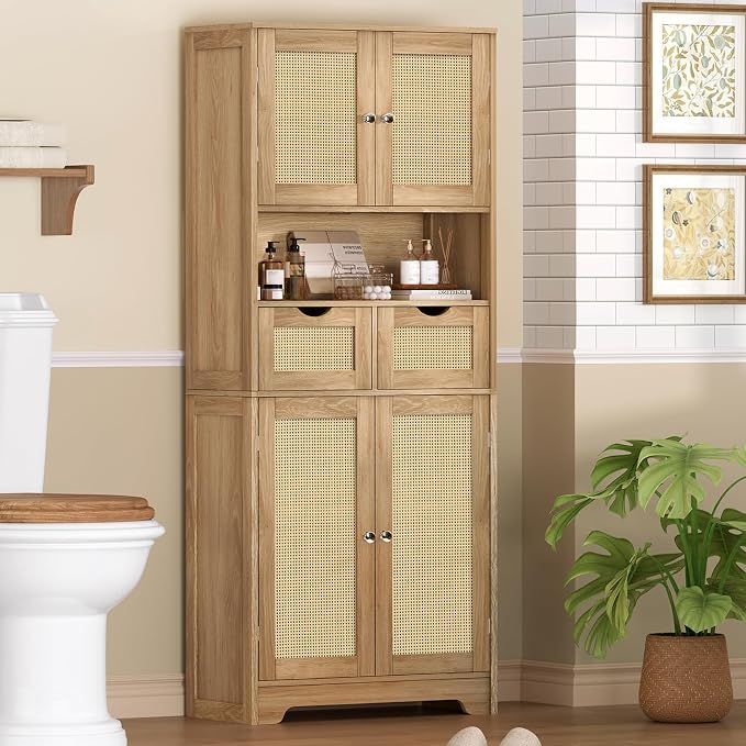 Iwell Tall Storage Cabinet with 2 Drawers & Adjustable Shelves, Rattan Cabinet, Kitchen Storage Cabinet, Pantry Cabinet with 4 Doors, Tall Cabinet for Living Room, Kitchen, Home Office, Natural