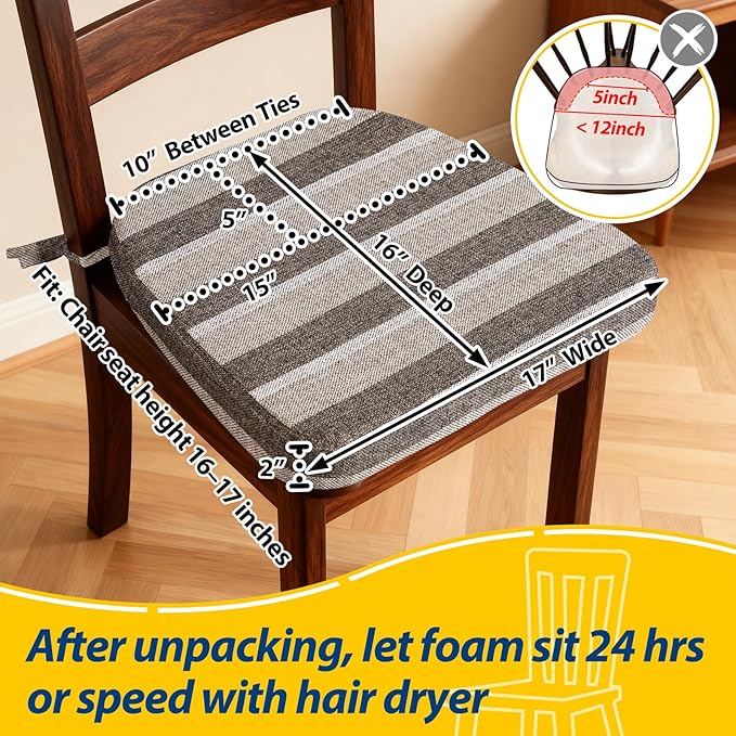AAAAAcessories D-Shaped Chair Cushions, 2" Thick Dining Chair Pads with Ties and Removable, Machine-Washable Cover, 17" x 16", Set of 4, Boldstripes Chocolate/Beige