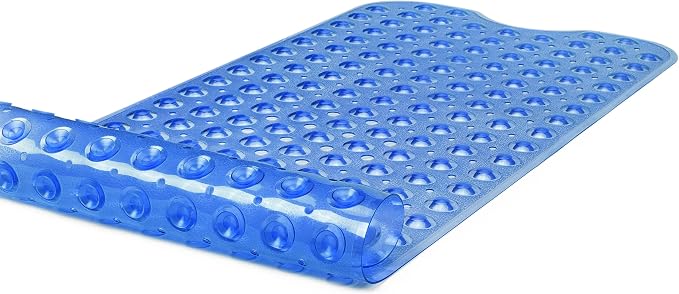 Extra-Long Non-Slip Bathtub & Shower Mat 39”x16” (Smooth/Non-Textured Tubs Only) Safe, Clean, Machine-Washable, Superior Grip&Drainage, Vinyl, Transparent Blue