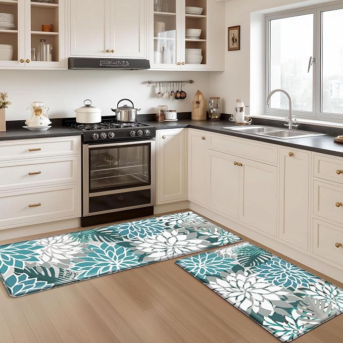 Arenarug Kitchen Mats for Floor 2PCS Cushioned Anti Fatigue Kitchen Mats Waterproof Non Slip Kitchen Mat Rug Set Comfort Foam Standing Mat for Sink, Laundry, Office,17.3" x 28" + 17.3" x 59", Teal
