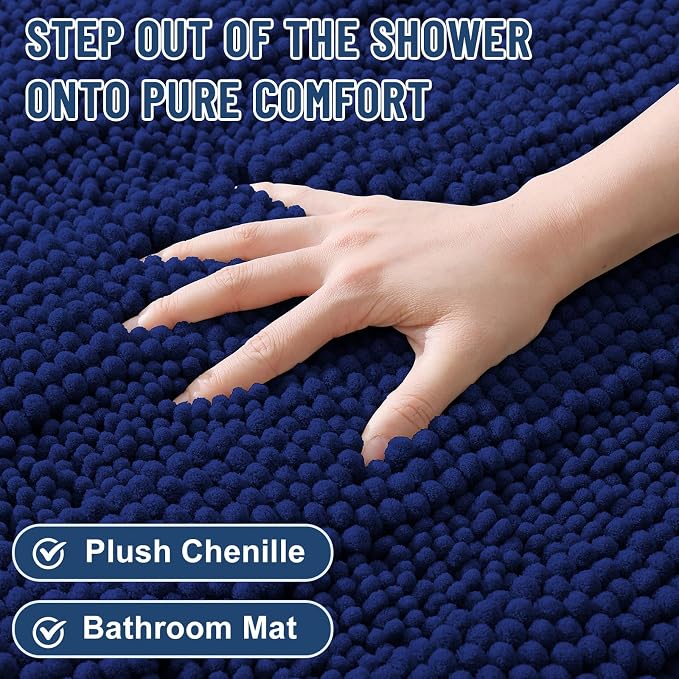 Grandaily Chenille Striped Bathroom Rugs 47x20, Extra Thick and Soft Absorbent Bath Mats, Rubber Backing, Plush Shaggy Shower Carpet, Machine Wash Dry, Bath Rug for Bathroom, Navy Blue