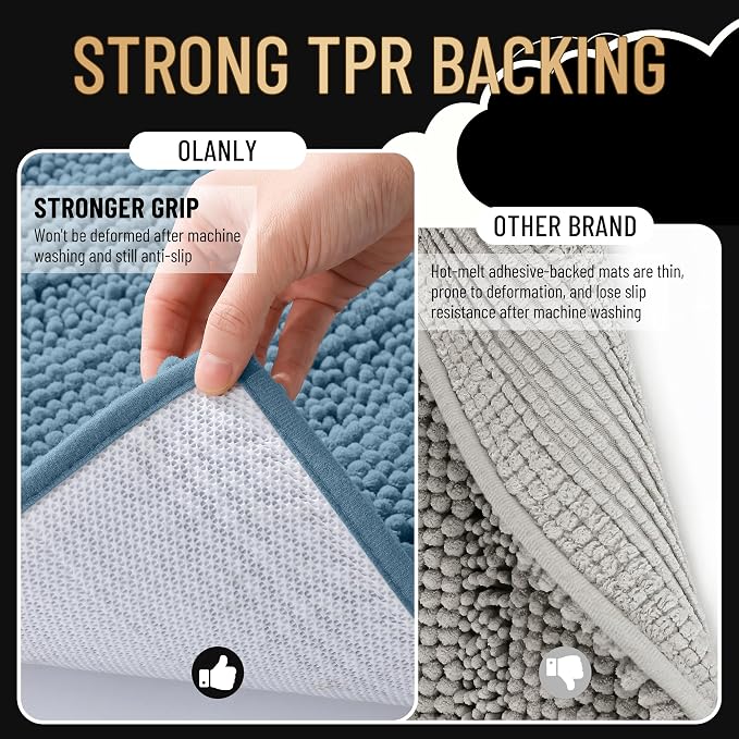 OLANLY Thick Large Bathroom Rugs 45x27, Extra Soft Absorbent Chenille Striped Bath Rugs, Rubber Backing, Machine Wash, Bath Mats for Bathroom Floor, Tub and Shower, Home Decor Accessories, Airy Blue