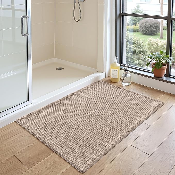 DEXI Bathroom Rugs 24x16, Non Slip Washable Bath Mat, Absorbent Chenille Bathmat, Ultra Soft Thick Carpet for Tub Shower Floor, Dark Beige