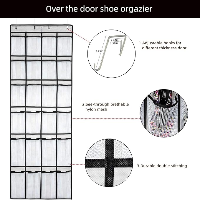 SAVERHO Hanging Shoe Organizer, Over The Door Shoe Organizer with 24 Mesh Large Pockets Door Shoe Rack for Men Women Kids Hanging Door Shoe Holder Size:58x21 Inch (White-2pack)