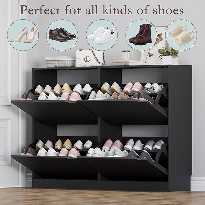 BORNOON Shoe Cabinet with 4 Flip Drawers, Narrow Hidden Shoe Storage Cabinet, Slim Freestanding Shoe Rack Organizer for Entryway, Hallway, Bedroom, Living Room