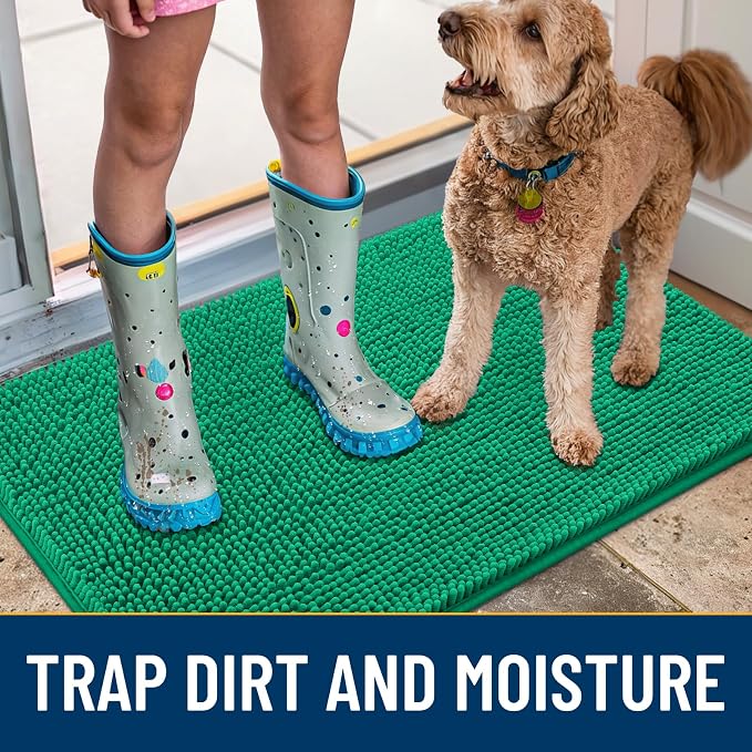 Smiry Dog Door Mat for Muddy Paws 36x24, Absorbent Dirt Trapper, Non-Slip Washable Chenille Entryway Rug for Inside Floor, Emerald Green, Classic Solid