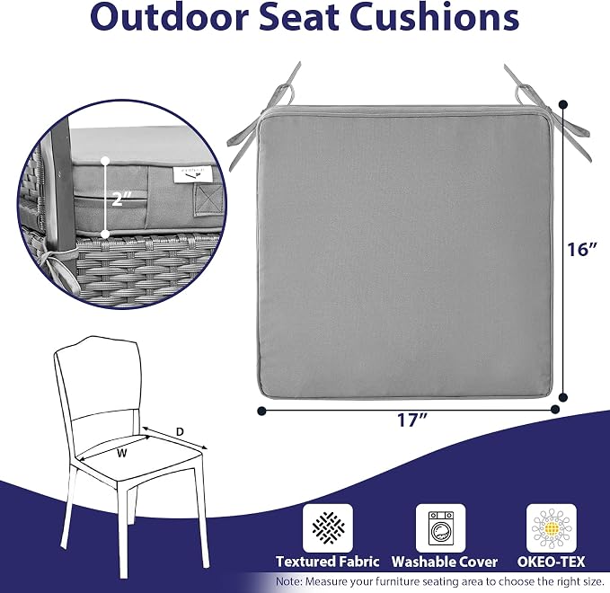 IPYNBAP Outdoor Chair Cushions Set of 4 -Waterproof Outdoor Seat Cushions for Patio Furniture, Patio Chair Cushion with Handle and Ties, Square Out Door Chair Pads,17" x 16" x 2", Grey
