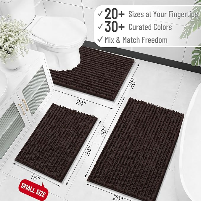 OLANLY Bathroom Rug Mat 34x21, Thick Soft and Absorbent Chenille Bath Mat, Non-Slip Rubber Backing, Machine Washable Quick Dry Bath Rugs for Tub Shower Floor, Home Decor Accessories, Brown