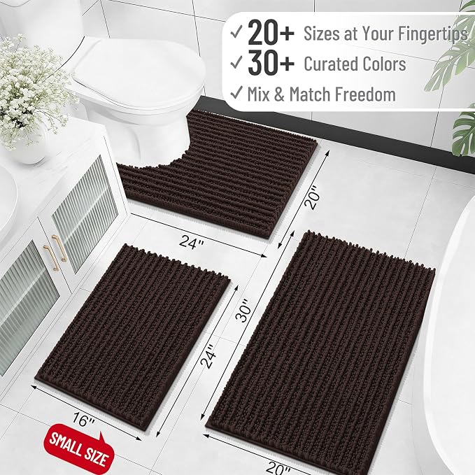 OLANLY Bathroom Rug Mat 59x35, Thick Soft and Absorbent Chenille Bath Mat, Non-Slip Rubber Backing, Machine Washable Quick Dry Bath Rugs for Tub Shower Floor, Home Decor Accessories, Brown