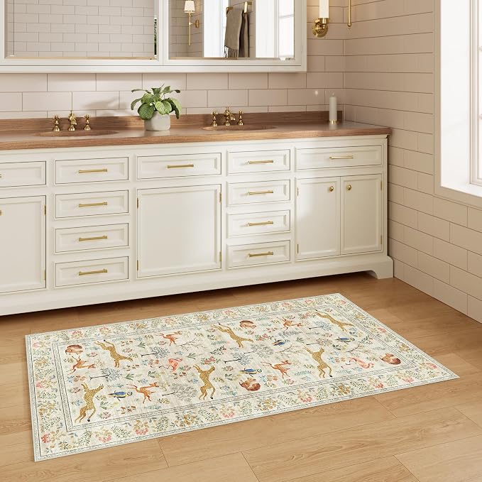 DUKINO 2x4 Rug for Hallway, Washable Kitchen Runner Rug with Non Slip Backing, Soft Low Pile Vintage Animal Runner for Bedroom, Kitchen, Hallway, Entryway, Laundry, Beige
