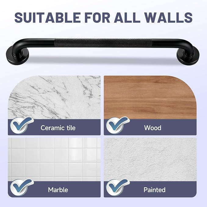 24 Inch Shower Grab Bar, XIANTHUS Black Anti Slip Safety Bars, 304 Stainless Steel Bathroom Handrail, Handicap Grab Bars for Wall, Shower Grip Handle for Seniors Elderly Injury Assist Bath (1.25" Dia)