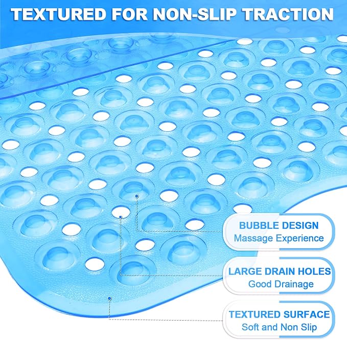 Bathtub and Shower Mats, 40x16 Inch Extra Large Non Slip Soft Bath Tub Mat with Suction Cups and Drain Holes for Bathroom Floor, Machine Washable, Clear Blue