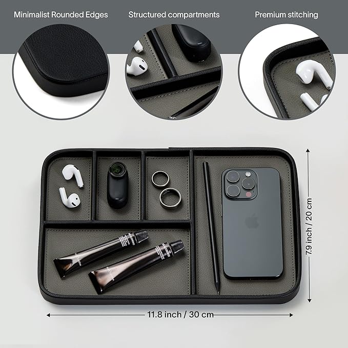 Nordik Leather Valet Tray - Pebble Black - 11.8x7.9 Inch Large Vegan Leather Tray - Stylish Nightstand Organizer for Men - Modern Bedside Caddy - EDC Catchall for Key Watch Wallet Jewellery