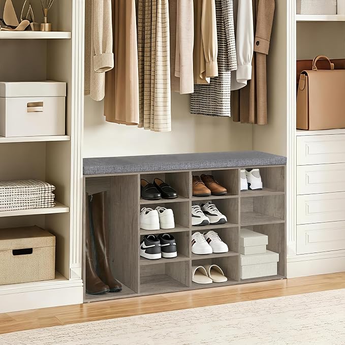 DINZI LVJ Shoe Storage Bench with Cushion, 16-Cubby Shoe Rack, Adjustable Shelves, Multifunctional Shoe Organizer Bench for Entryway, Mudroom, Hallway, Living Room, Bedroom and Garage, Gray Wash