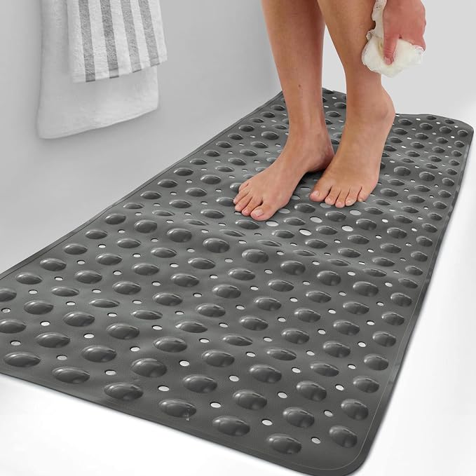 LUX Décor Non-Slip Bathtub Mat, Extra Large 40x16 Inches – Anti-Slip Safety Shower Mat with Suction Cups & Drain Holes – Machine Washable Bath Mat – Grey