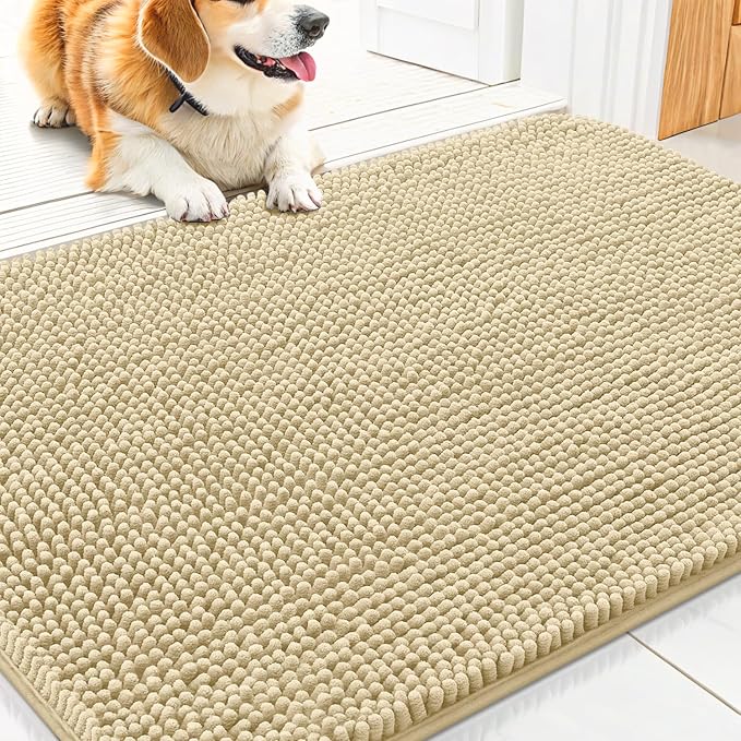Smiry Dog Door Mat for Muddy Paws 30x20, Absorbent Dirt Trapper, Non-Slip Washable Chenille Entryway Rug for Inside Floor, Cream White, Classic Solid