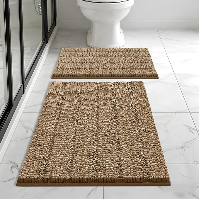Bcoimo Bathroom Rug Set, Chenille Bath Mat Set with High Low Pile Design, Soft Absorbent Non Slip Bathroom Rugs, Machine Washable Quick Dry Mats for Shower, Tub, Sink and Vanity