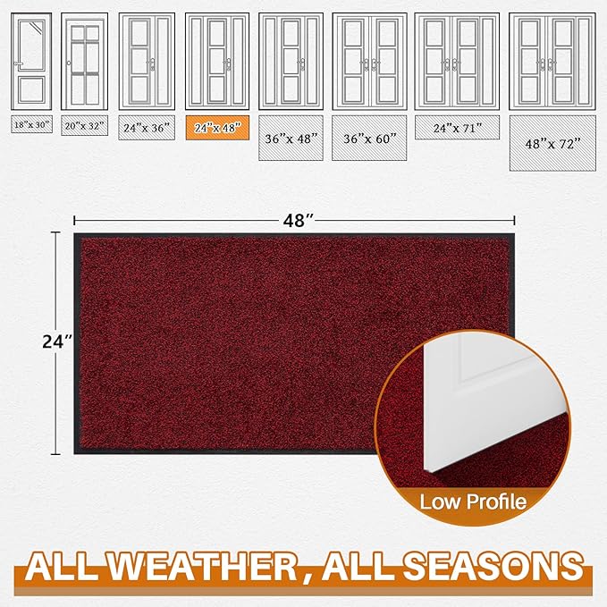 Mibao Front Door Mat Indoor Entrance, 48" x 24", Dirt Trapper Welcome Mat for Outdoor Indoor, Non-Slip Waterproof Doormat, Durable Machine Washable Low Profile Entry Rug for Back Door Outside,Red