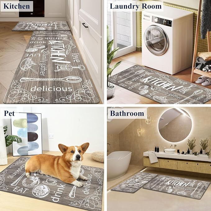 HEBE Kitchen Rugs Set of 2, Cushioned Anti Fatigue Kitchen Mats for Floor, Non Slip Waterproof Comfort Standing Desk Mat Carpet for Sink, Stove, Laundry Room
