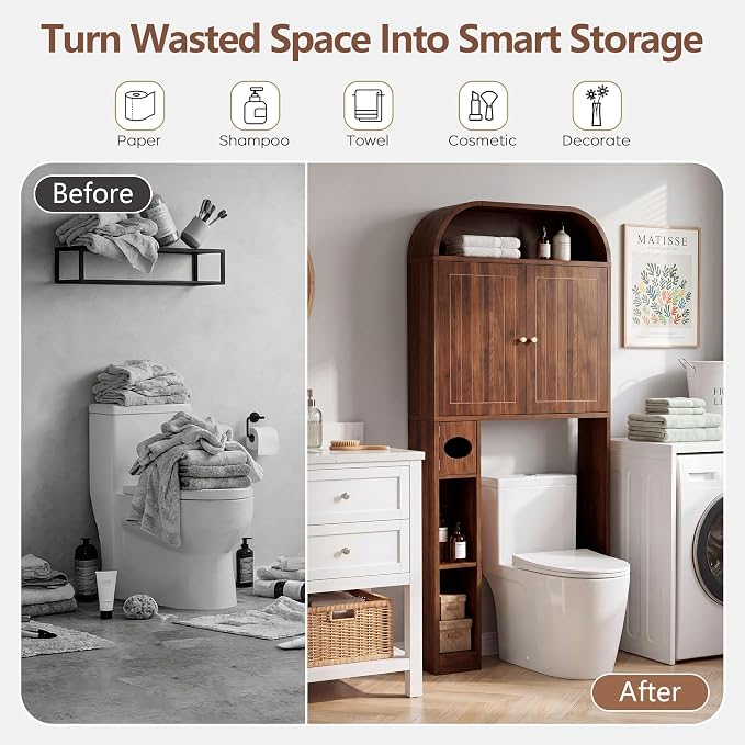 LEVNARY 31" Wide Over the Toilet Storage with Toilet Paper Holder, Arched Bathroom Organizer with Fluted Doors, 4-Tier Space Saving Freestanding Cabinet with Adjustable Shelves (Walnut)