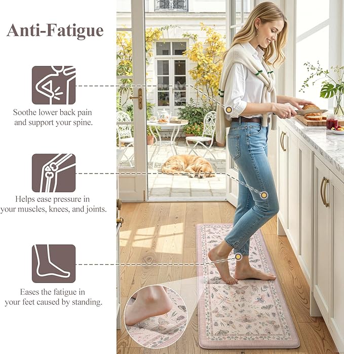 LEEVAN Anti Fatigue Mats for Kitchen Floor Non-Slip, Cushioned Kitchen Mats for Floor 2 Piece, Pink Memory Foam Kitchen Mat Set, Waterproof Ergonomic Standing Mat for Bar, Office,Desk, Laundry