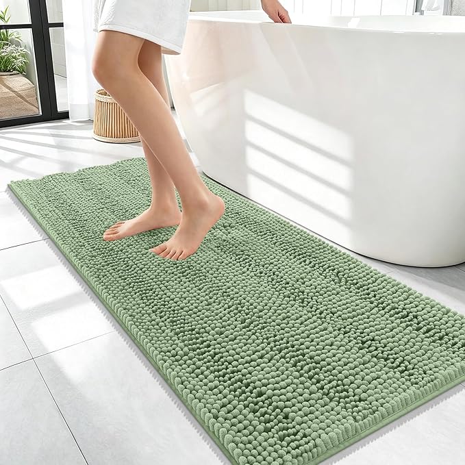 OLANLY Thick Bathroom Runner Rugs 47x17, Extra Absorbent Chenille Striped Bath Rugs, Rubber Backing, Machine Wash Dry, Long Bath Mats for Bathroom, Tub and Shower, Home Decor Accessories, Sage Green