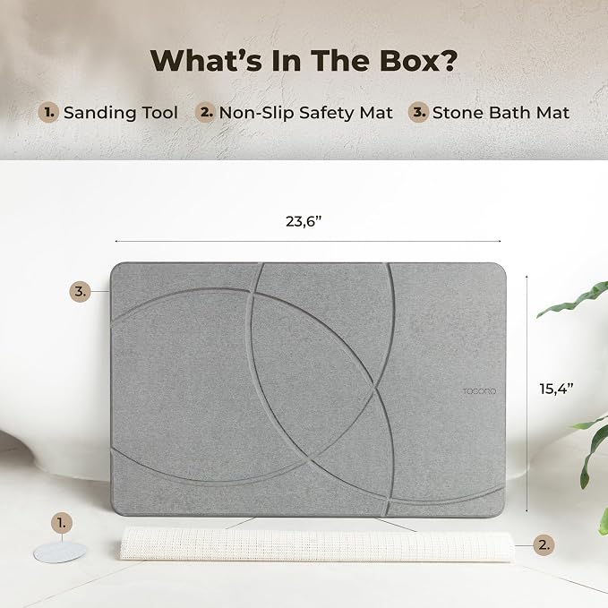 TOSORO - Stone Bath Mat Diatomaceous Earth Shower Mat Non-Slip Super Absorbent Diatomite Stone Bath Mats for Bathroom Floor Quick Drying Natural Easy to Clean (23.5 x 15) - Graphite