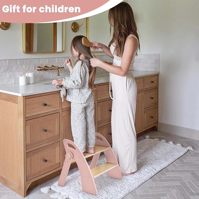 Wooden 2 Step Stool for Toddlers, Foldable 2-Step with Non-Slip Pads and Handles, Bamboo Step Stool for Kids Bathroom Sink and Potty Training, Kitchen Helper, Nursery Bedroom (Pink)
