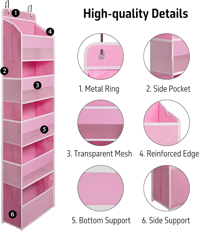 TYMENSH Pink Over Door Organizer with 5 Large Clear Pockets and 6 Side Mesh Pockets, Anti-Tilt Hanging Door Storage for Nursery, Bedroom, Bathroom, Closet, Toys, Baby Essentials