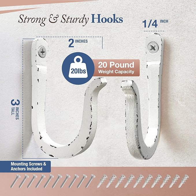 Rustic Antique White Railroad Spike Cast Iron Hooks (10 Pack) Handmade Blacksmith, Wall Mounted Decorative Hooks, PowderCoated for Interior or Exterior Use, Rust Proof for Hanging Coats, Bags or Pots