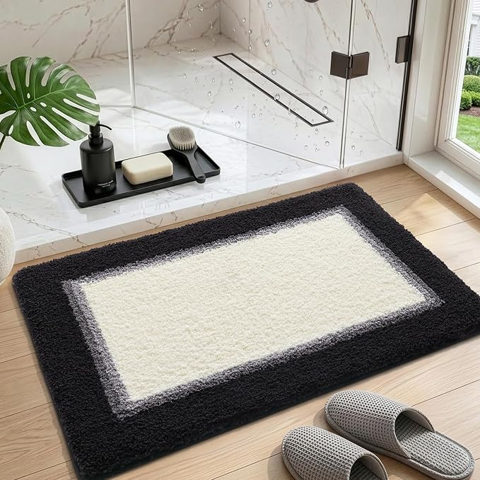 DEXI Bathroom Rugs 43x24, Absorbent Extra Soft Plush Microfiber Bath Mat for Bathroom, Non Slip Washable Bathmat Quick Dry for Shower Floor, Sink, Tub, Laundry Room, Black and White