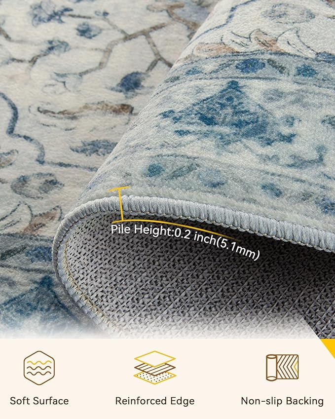 RELEANY Area Rugs Square 8ft Washable Non-Slip, Floral Vintage Distress Medallion Carpet for Living Room Bedroom Dining Room, Light Blue Navy Gray White