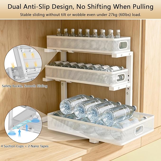 Under Sink Organizer, 3-tier Under Sink Storage Organizer Adjustable Height Easy Assembly Pull Out Cabinet Organizers Basket for Bathroom Kitchen Pantry Home Organization