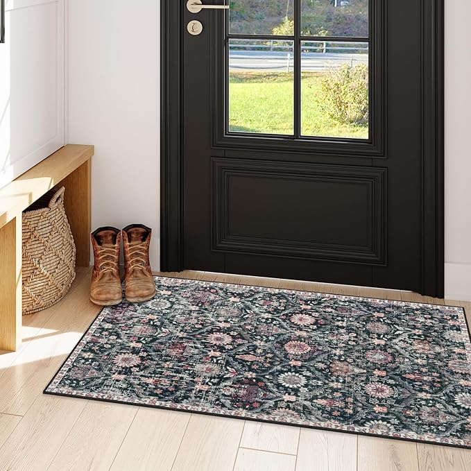 Lahome Kitchen Rugs Non Slip Washable Rugs for Entryway, 2x4 Rug Non-Slip Moroccan Trellis Ultra-Thin Indoor Door Mat Small Carpet for Bathroom Bedroom Entry Elise, Black/Multi
