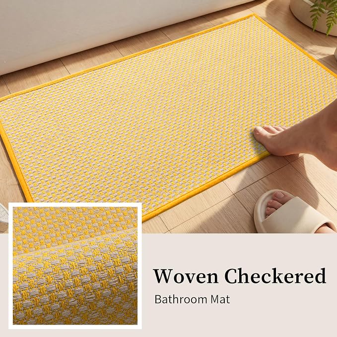 YIHOUSE Thin Bath Mat Yellow Bathroom Rugs Sets 5 Pieces, Non Slip Absorbent Bath Mats Quick Dry, Woven Braided Rugs Washable, Rubber Tapetes para Baño for Bathroom Toilet,Bathtub