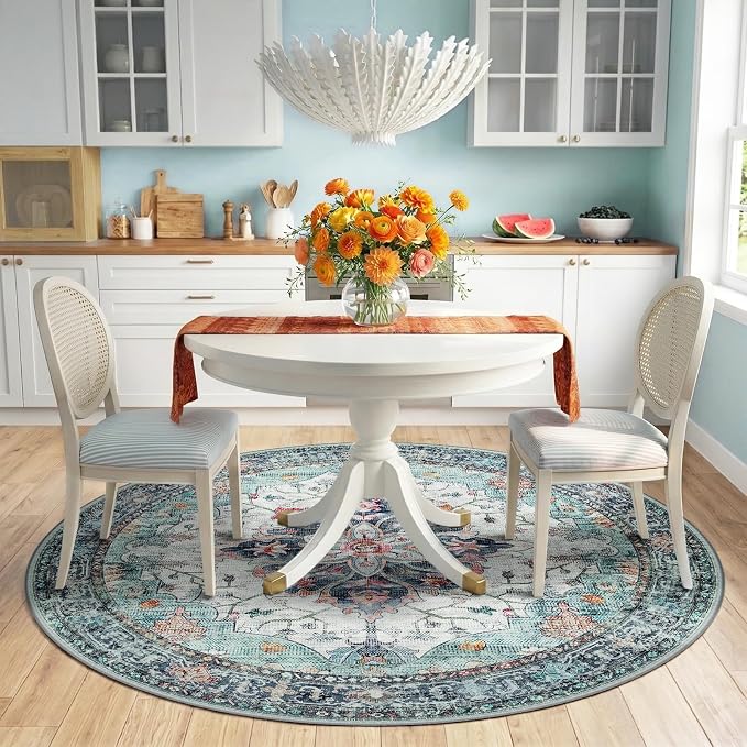 RELEANY Area Rugs Round 6ft Washable Non-Slip, Floral Vintage Distress Medallion Carpet for Living Room Bedroom Dining Room, Green Navy Blue White Red Teal
