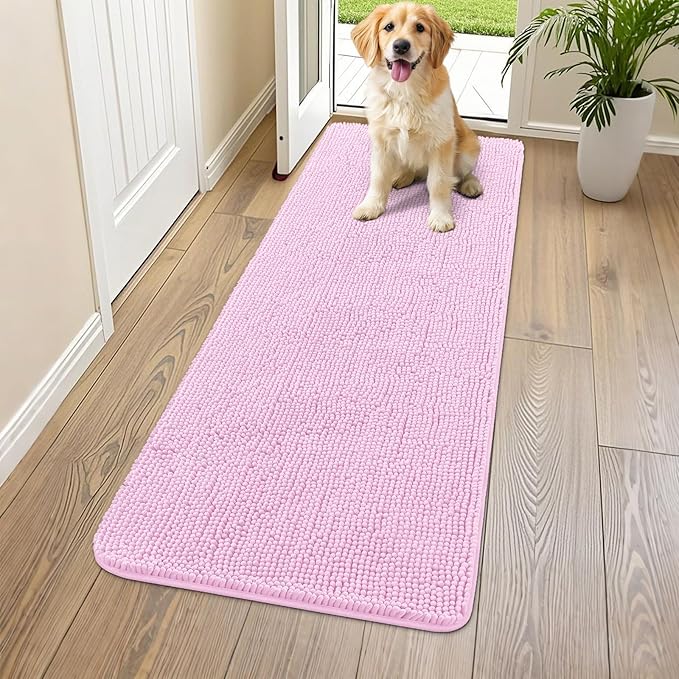 Smiry Dog Door Mat for Muddy Paws 47x24, Absorbent Dirt Trapper, Non-Slip Washable Chenille Entryway Rug for Inside Floor, Pink, Classic Solid