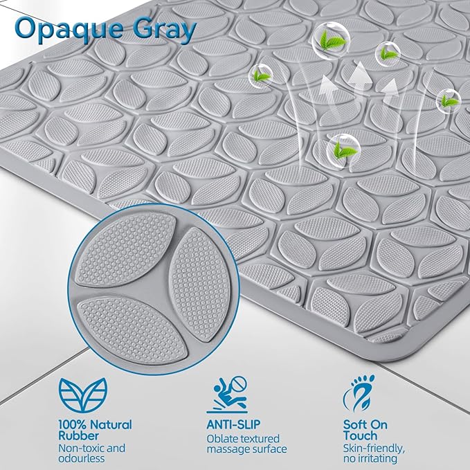 Bathtub Mat Non Slip with Suction Cups - 100% Rubber Bathroom Mat Textured for Bath Tub Shower Safety - Soft on Touch - BPA/PVC Free - Pet Dog Bath Mat - Machine Washable - 17 × 35 Inch（Gray）