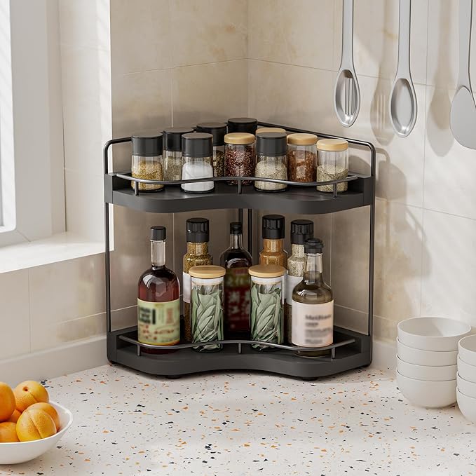 2-Tier Corner Bathroom Counter Organizer with Embedded Screw Holes, Secure & Stable Wood Vanity Shelf for Makeup and Skincare Essentials - Space Saving Bathroom Countertop Storage, Black