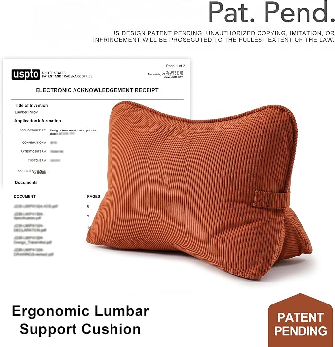 Pat. Pend. Corduroy Back Support Pillow for Bed Sitting and Headboard Support, Lumbar Cushion for Relaxing and Watching TV, Triangle Backrest Pillow, Brick Red