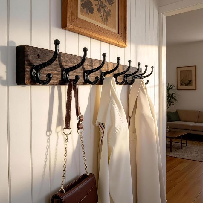 WEBI Rustic Coat Rack Wall Mount,35.43" Long 8 Cast Iron Coat Hooks Wall Mounted,Heavy Duty Wood Wall Coat Hanger Hooks for Hanging Coats,Jacket,Clothes,Backpack,Farmhouse,Weathered Brown