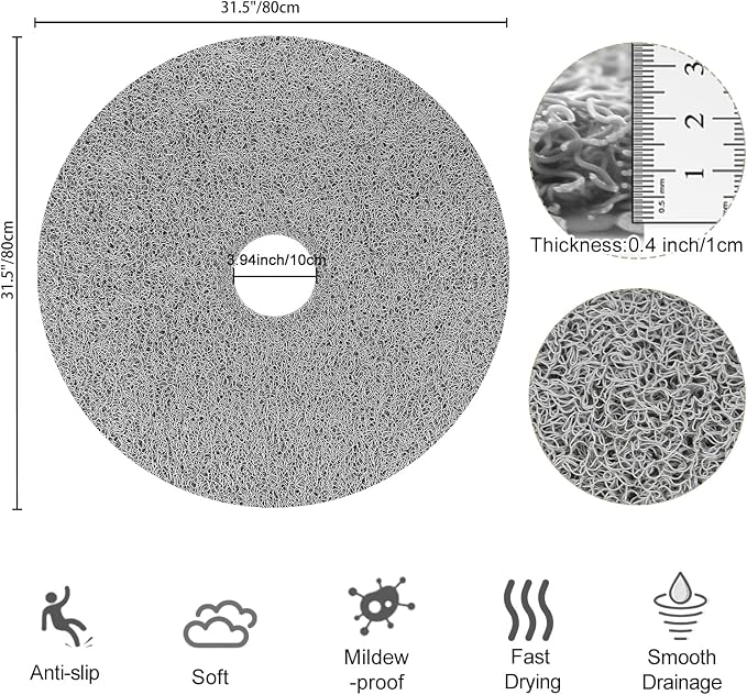 Shower Mat Non Slip, Round Shower Mat for Inside Shower, Non Slip Bathtub Mat, Fast Drying Bath Tub Mats, Loofah Mat for Shower Bathroom, Quick Drying, Resistant (Grey, 32 x 32 Inch)