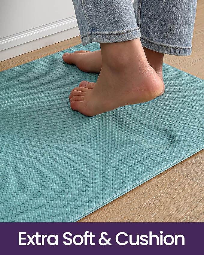 DEXI Kitchen Floor Mats Cushioned Anti Fatigue,17x29+17x59, Standing Runner Rug Waterproof, Comfort Memory Foam Padded for Front Sink Laundry Set of 2, Turquoise