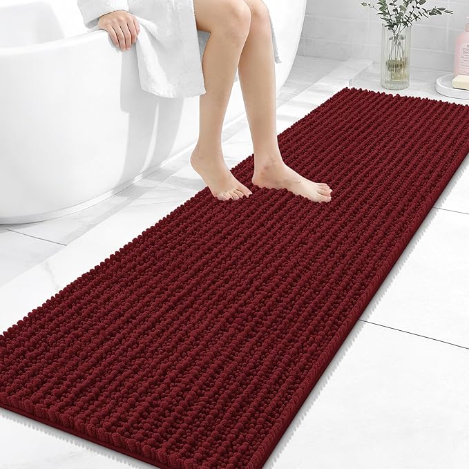 OLANLY Long Bathroom Rugs Runner 59x20, Thick Soft and Absorbent Chenille Bath Mat, Non-Slip, Machine Washable Quick Dry Bath Rugs for Tub Shower Floor, Home Decor Accessories, Burgundy
