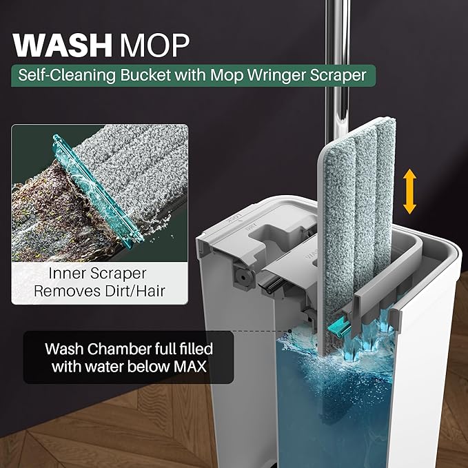 JOYMOOP Flat Mop System, Microfiber Mop and Bucket Set, White, Household & Commercial Floor Cleaning Mop with Long Handle, Includes 3 Microfiber Pads