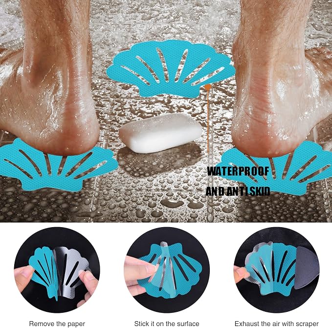 Secopad Non-Slip Bathtub Stickers, 24 PCS Shell Safety Bathroom Tubs Showers Treads Adhesive Decals Scraper (Blue)