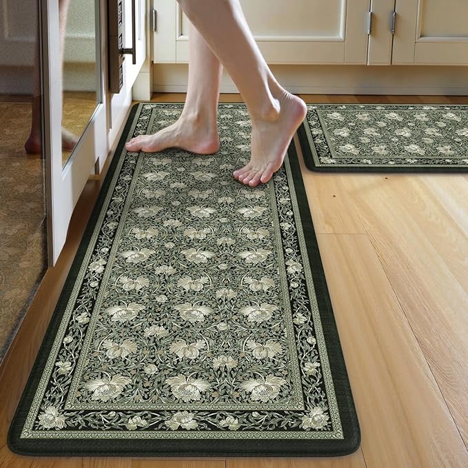 KIMODE Anti Fatigue Mats for Kitchen Floor Non Slip,Boho Floral Rugs Sets of 2,Cushioned Padded Carpet for Laundry Sink,Memory Foam Comfort Standing Mat for Office,Black 17"x29.5"+17" x47”