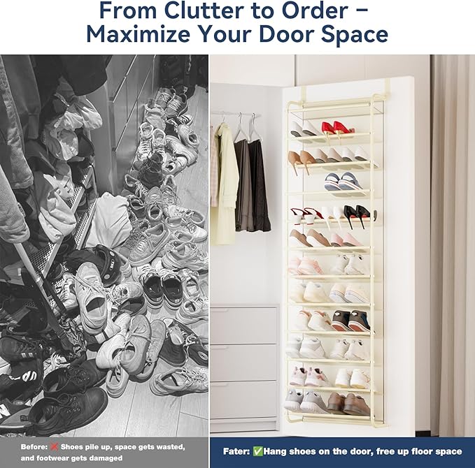 Whitmor 36 Pair Over The Door Shoe Organizer, 12 Tier Hanging Shoe Organizer, Heavy Duty Metal & Mesh Shoe Holder, Hanging Shoe Rack for Closet Organizer & Storage, 74"H x 21.7"W x 7.5"D, Beige