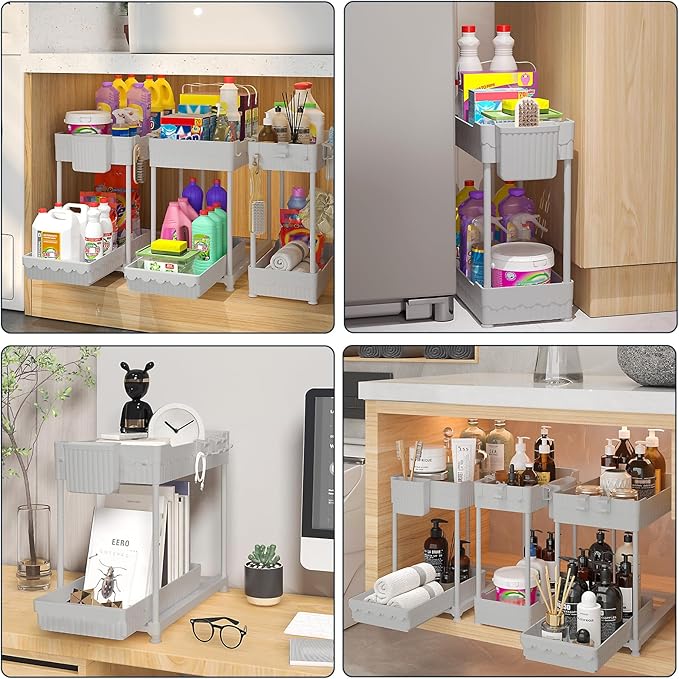 Sevenblue 3 Pack Under Sink Organizers, 2-Tier Multi-Use Kitchen and Bathroom Organizers and Storage with Sliding Drawers, Bathroom Cabinet Organizer (Gray, 14.8 Inch)